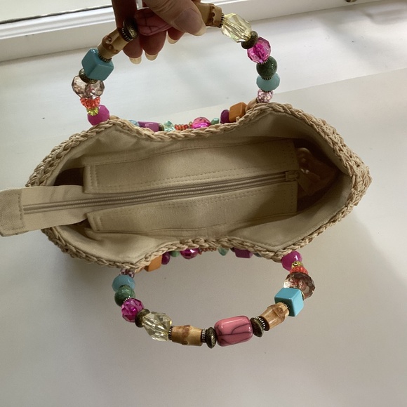 Cappelli Straworld Purse Handbag Round Beaded Jewel Handles Beige/Gold Lined - Picture 13 of 14